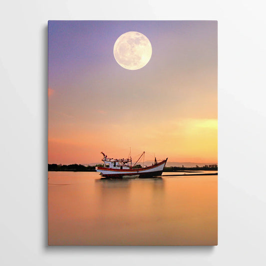 Tablou Peisaje - Barcă Pe Râu La Apus - vedere din fata