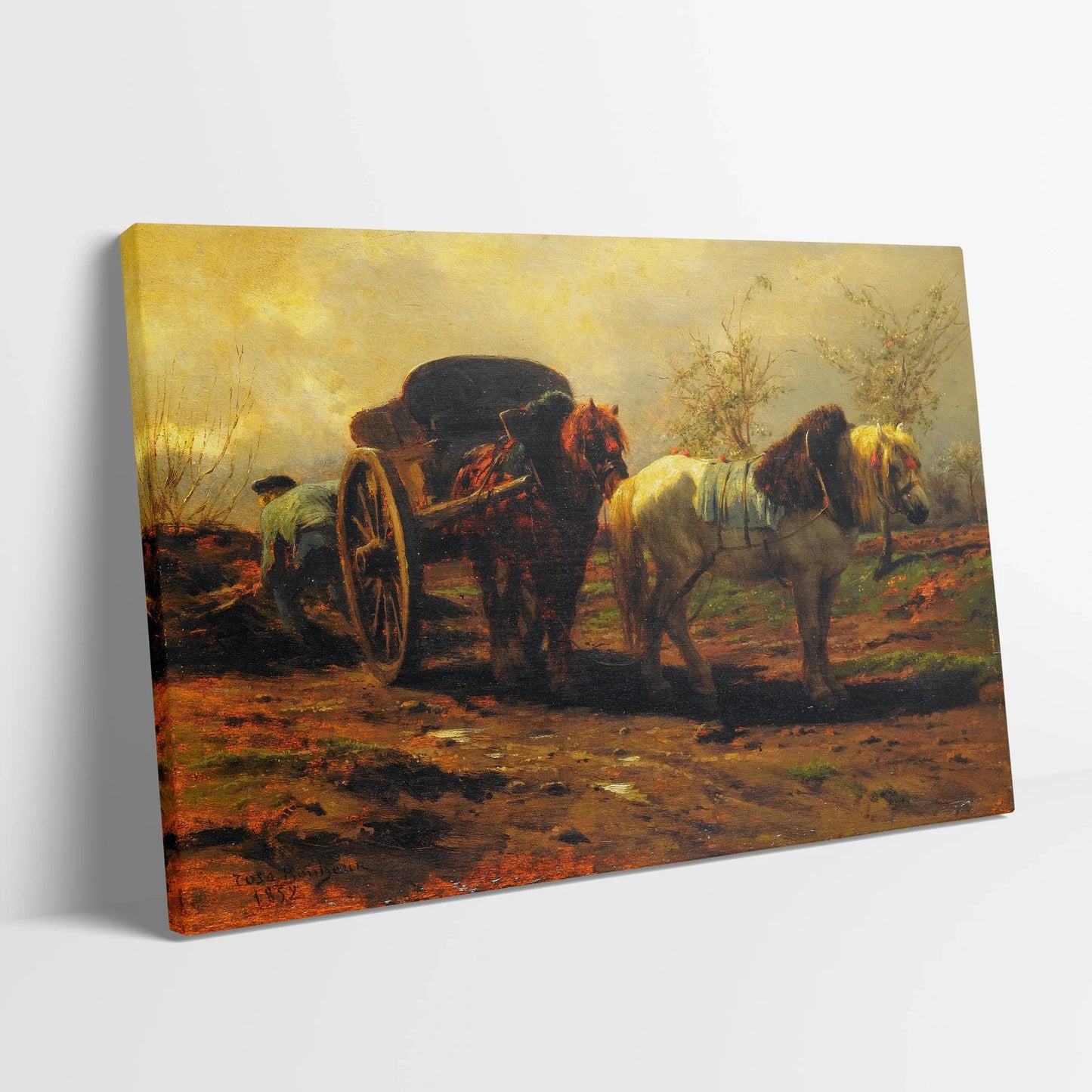 Tablou picturi celebre - Doi cai pentru o căruță, Jules Bonheur - vedere din lateral sprijinit perete