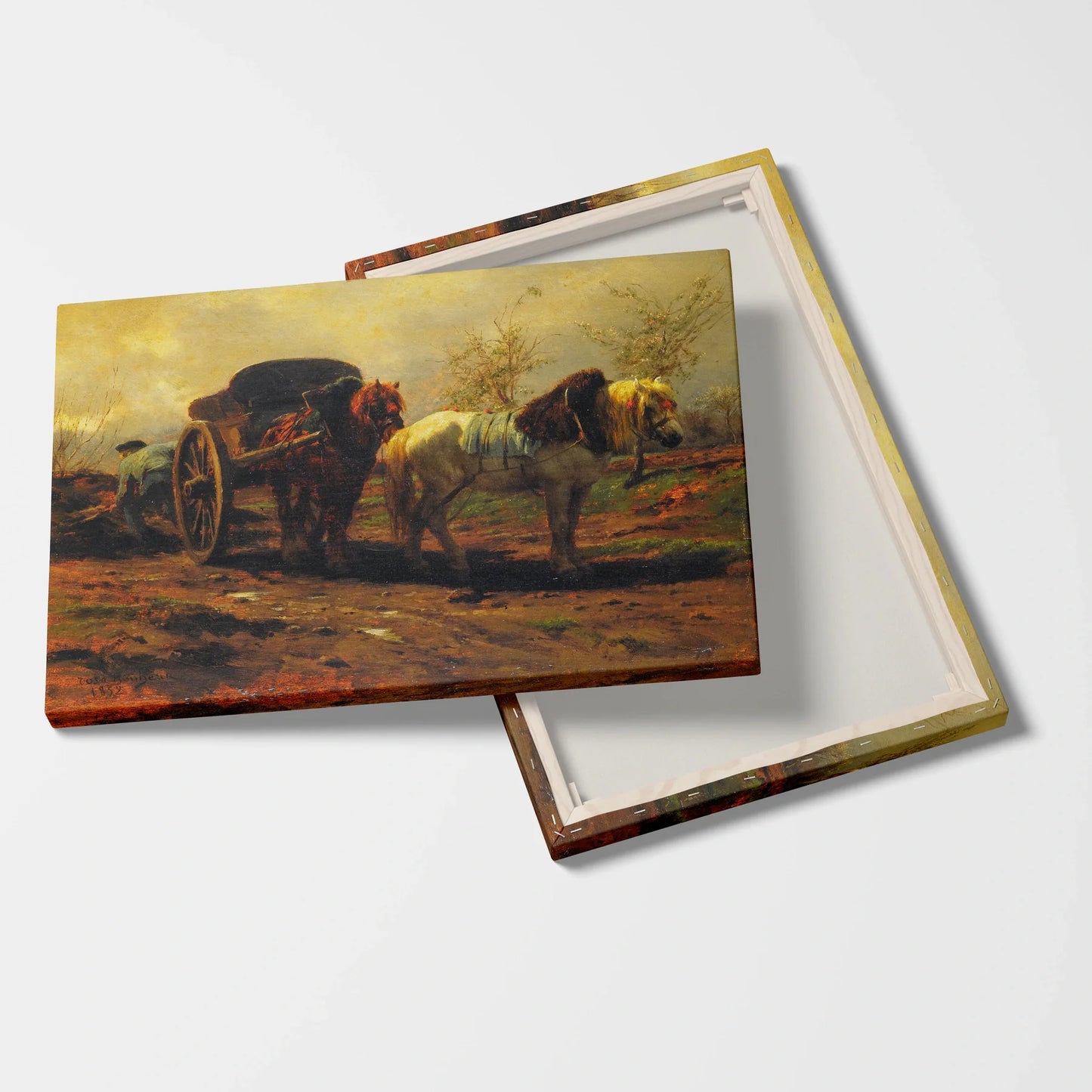 Tablou picturi celebre - Doi cai pentru o căruță, Jules Bonheur - vedere fata verso