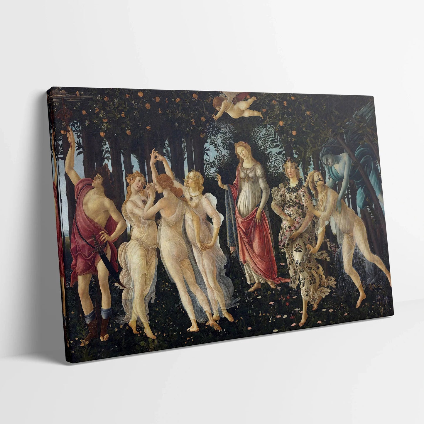 Tablou picturi celebre - Primăvara, Botticelli - vedere din lateral sprijinit perete