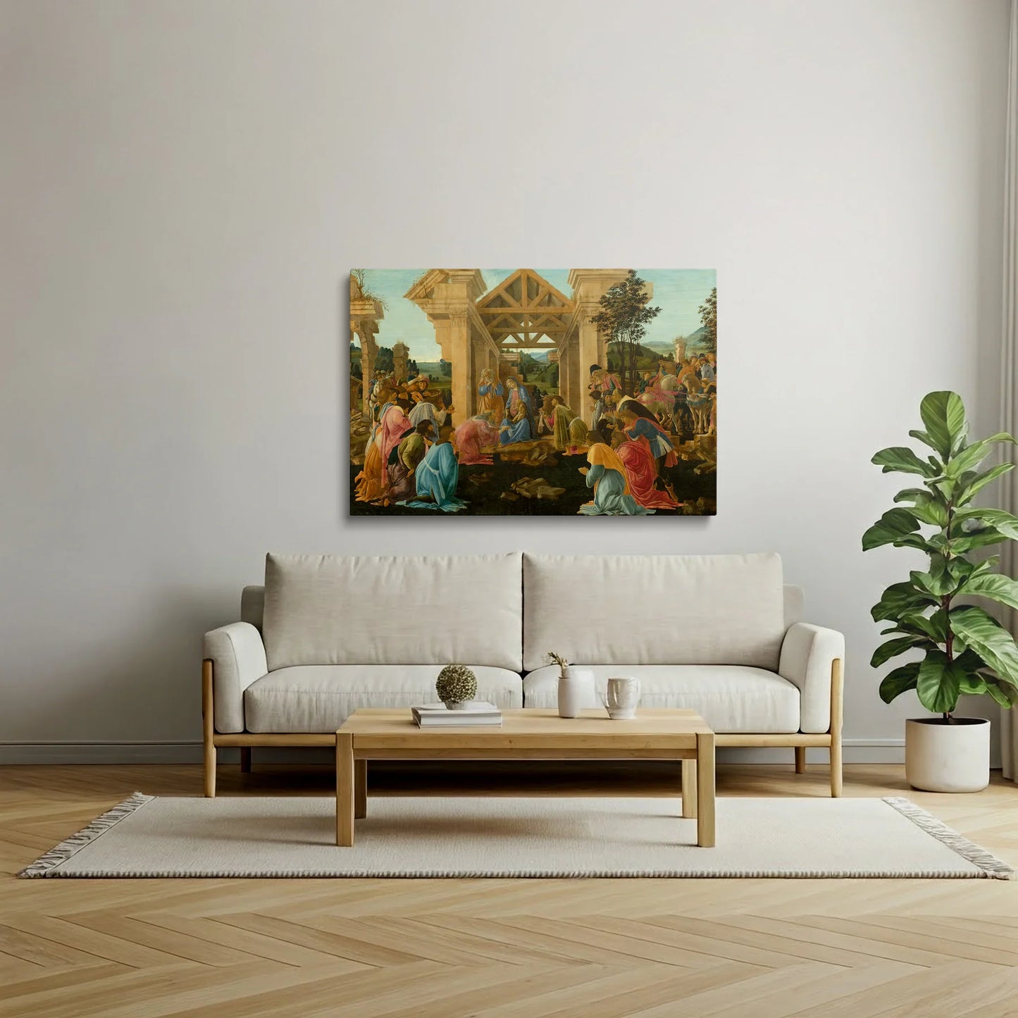 Tablou picturi celebre - Venerarea Magilor, Botticelli - vedere din lateral sprijinit perete