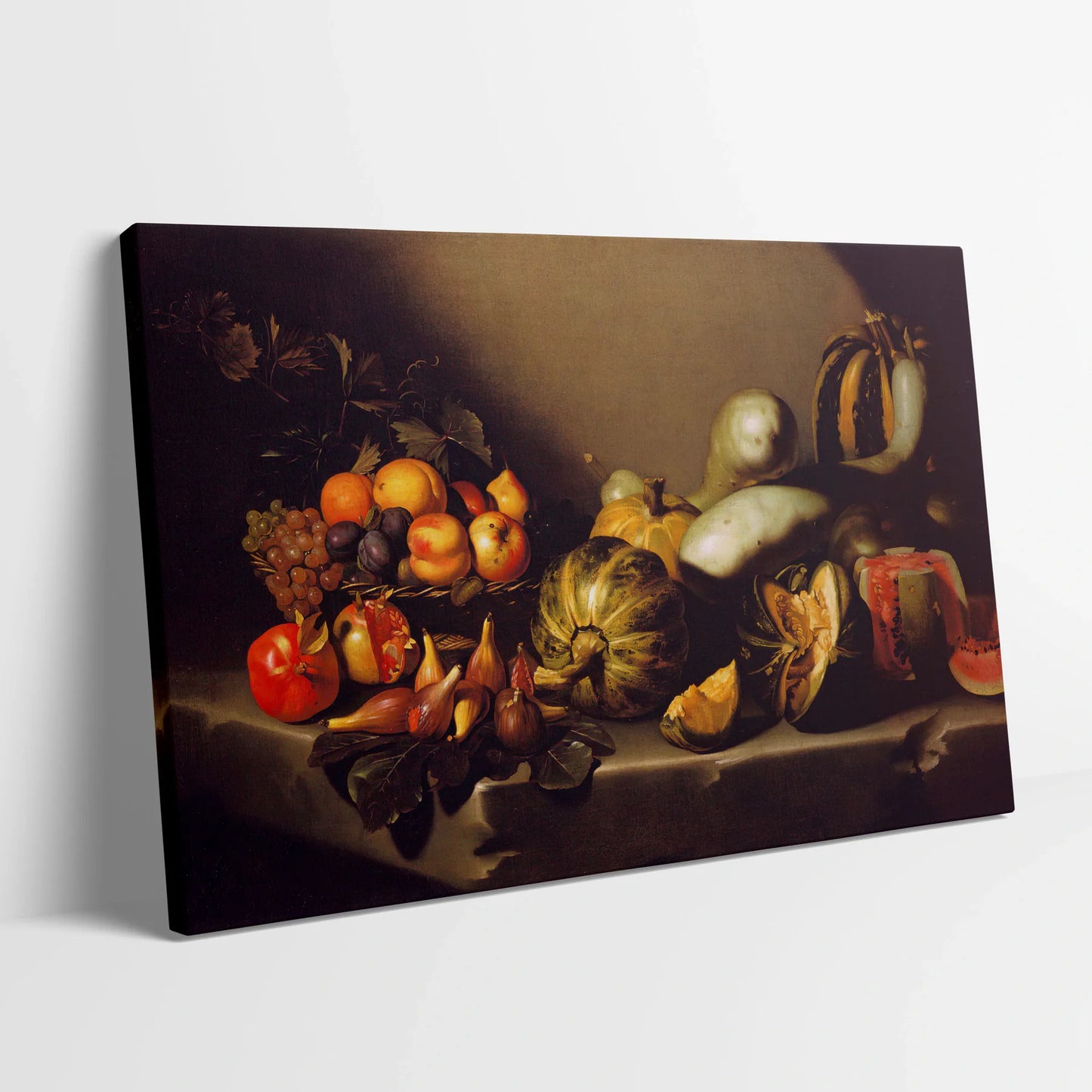 Tablou picturi celebre - Natură moartă cu fructe, Caravaggio - vedere din lateral sprijinit perete