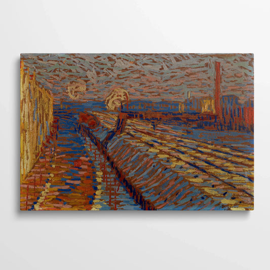 Tablou Abstract - Peisaj Urban cu Cale Ferată în Zăpadă