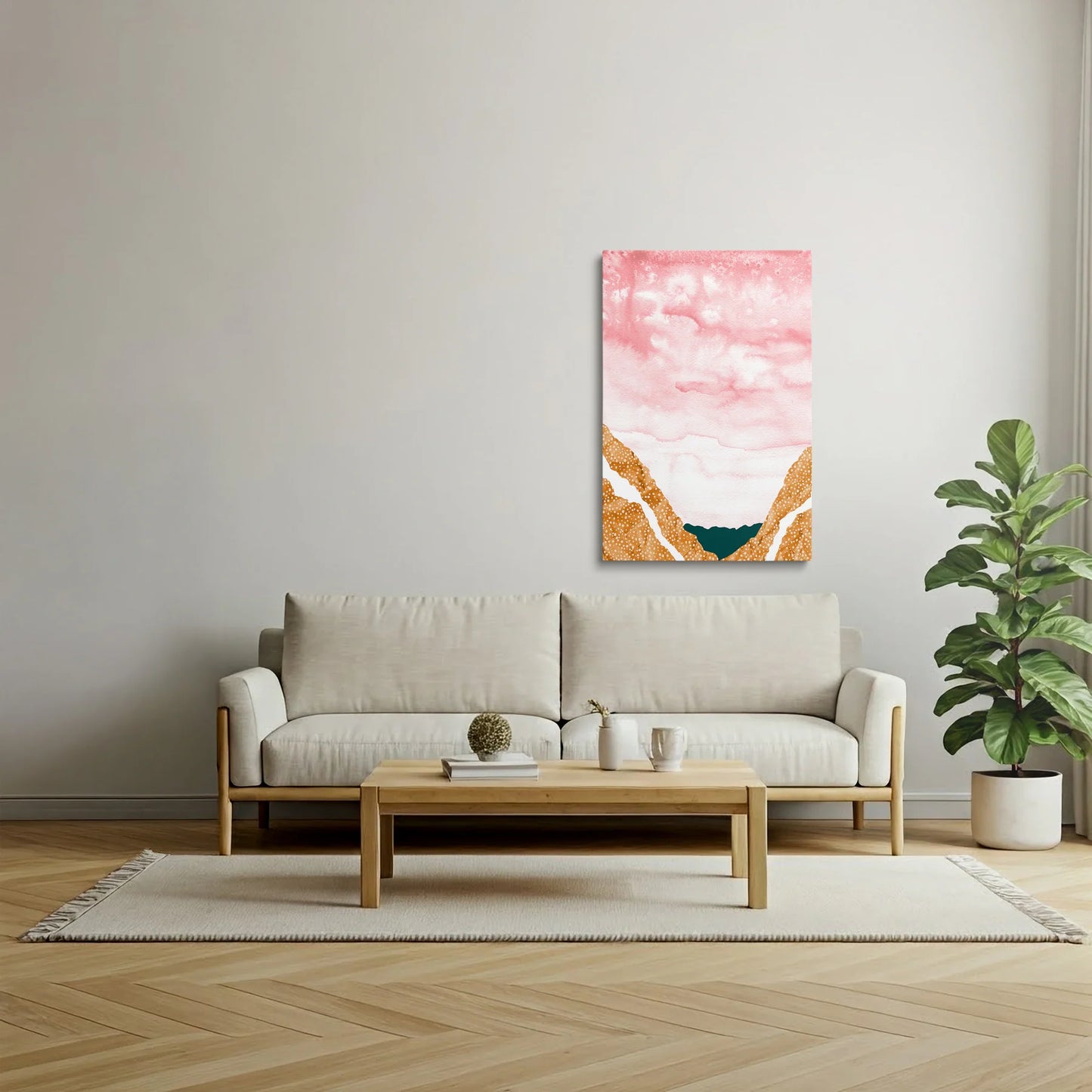 Tabloul Abstract - Peisaj Neutru cu Nuanțe de Roz - vedere living
