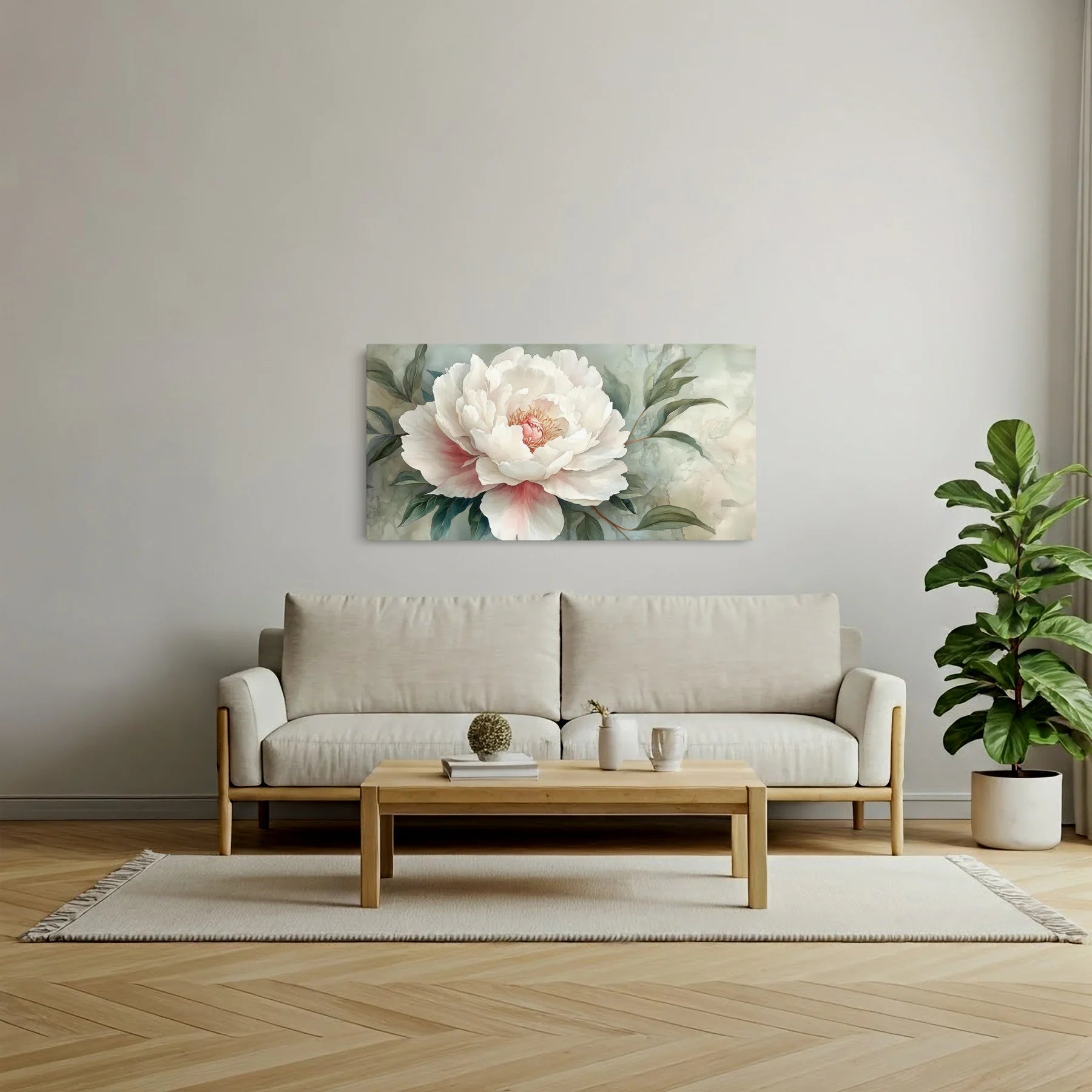 Tablou Flori - Peonie Albă cu Accente Roz - vedere living