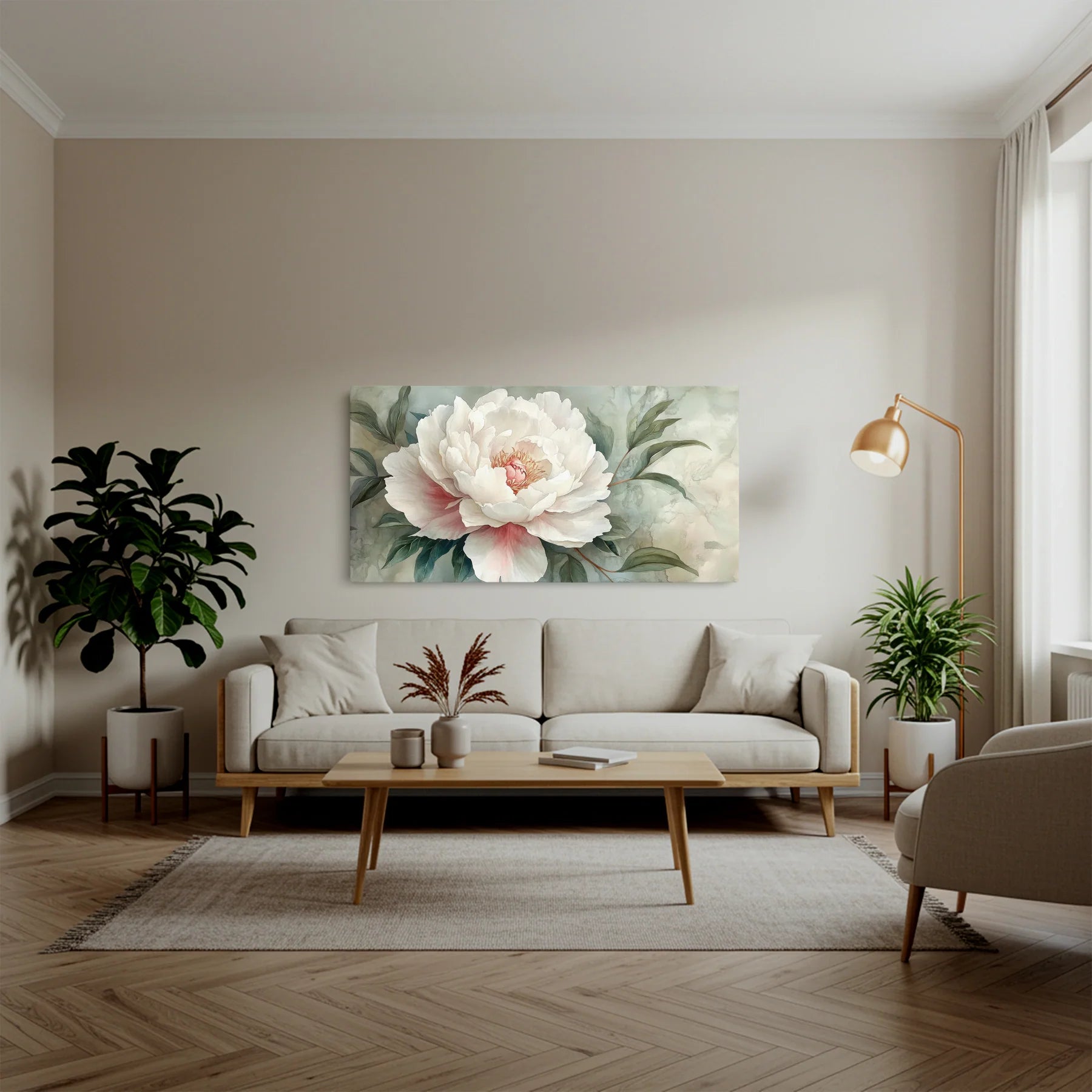 Tablou Flori - Peonie Albă cu Accente Roz - vedere living 1