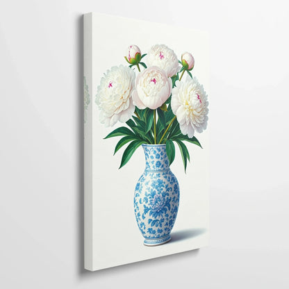 Tablou Flori - Bujori Eleganți în Vase Albastre - vedere din lateral