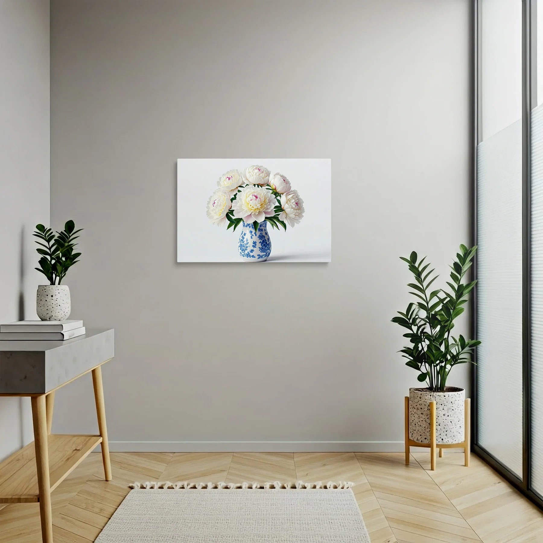 Tablou Flori - Bujori Albi cu Vase Elegante - vedere hol