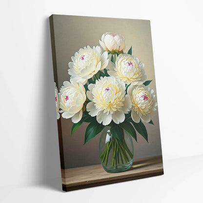 Tablou Flori - Bujori Albi Din Ulei Pe Canvas - vedere din lateral sprijinit perete