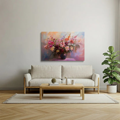 Tablou Flori - Buchet Colorat în Vază - vedere din lateral sprijinit perete