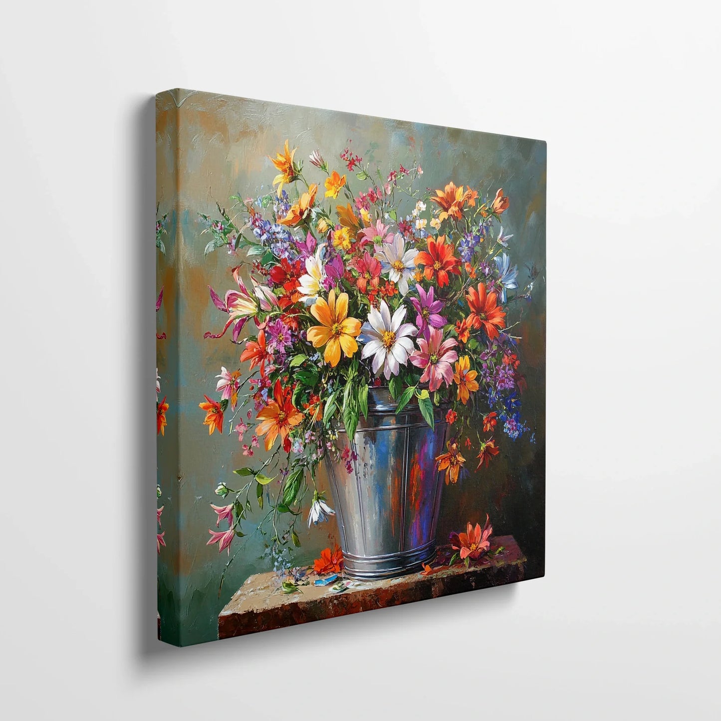 Tablou Flori - Buchet Colorat de Primăvară - vedere din lateral sprijinit perete