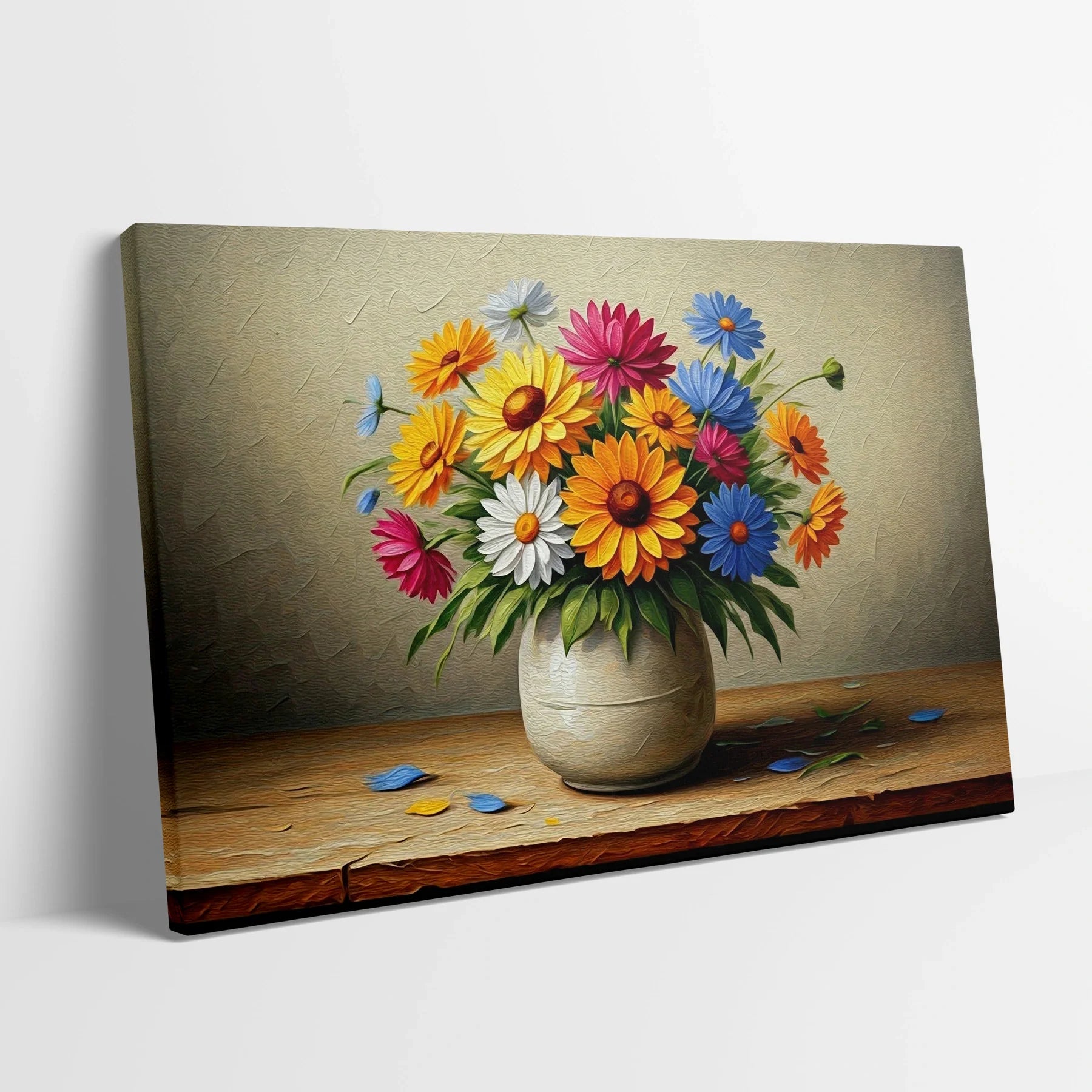 Tablou Flori - Buchet Colorat de Flori în Vas - vedere din lateral sprijinit perete