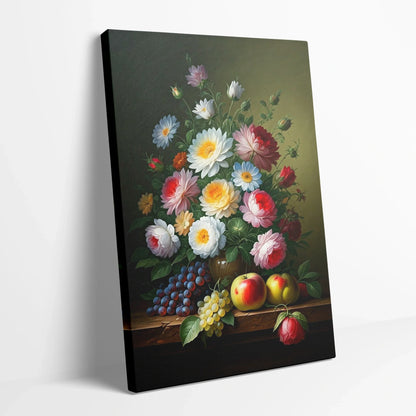Tablou Flori - Buchet de Flori și Fructe Expresive - vedere din lateral sprijinit perete