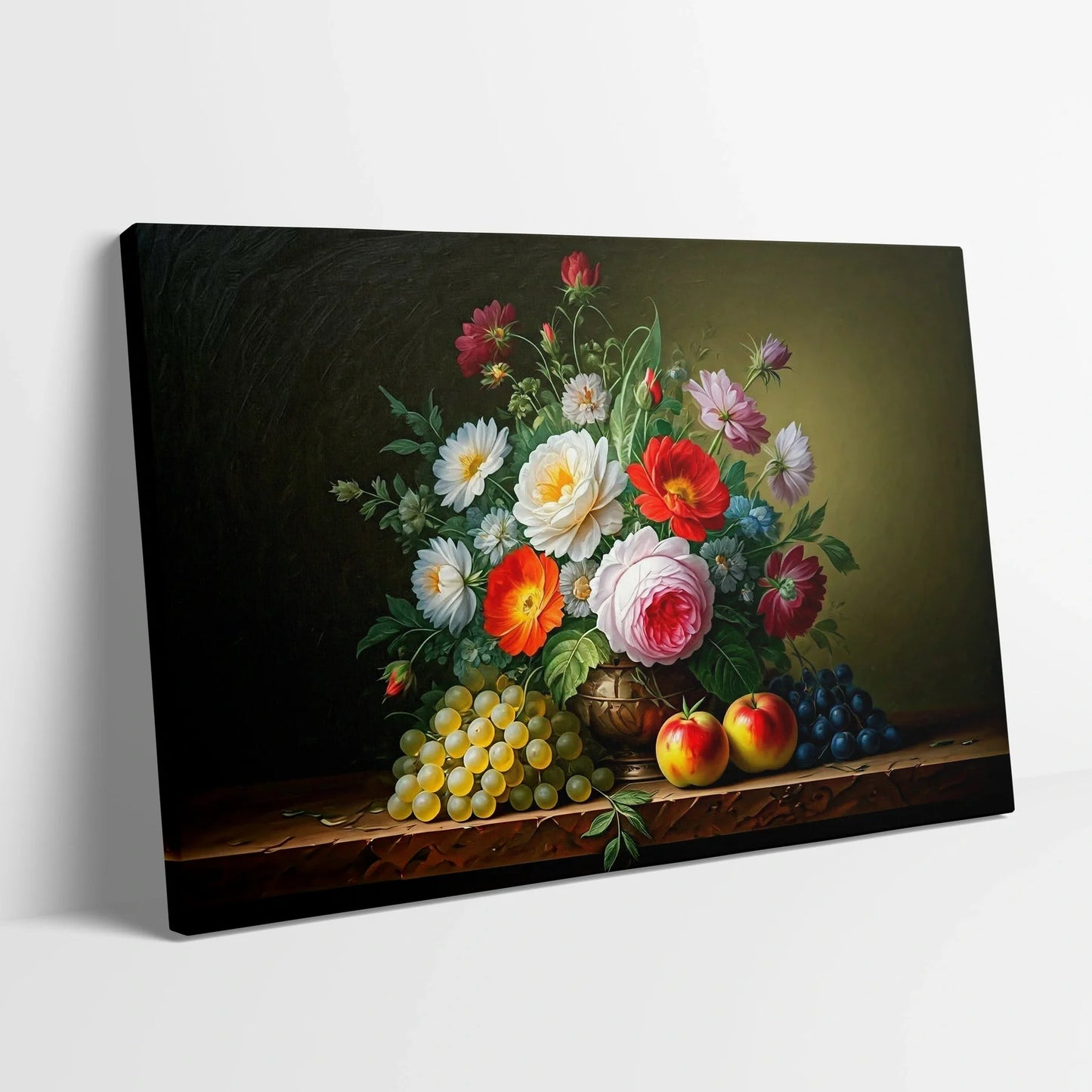 Tablou Flori - Buchet de Flori și Fructe Colorate - vedere din lateral sprijinit perete