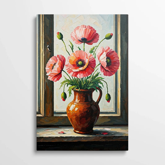 Tablou Flori - Maci Roz în Vază Ceramică Rustică