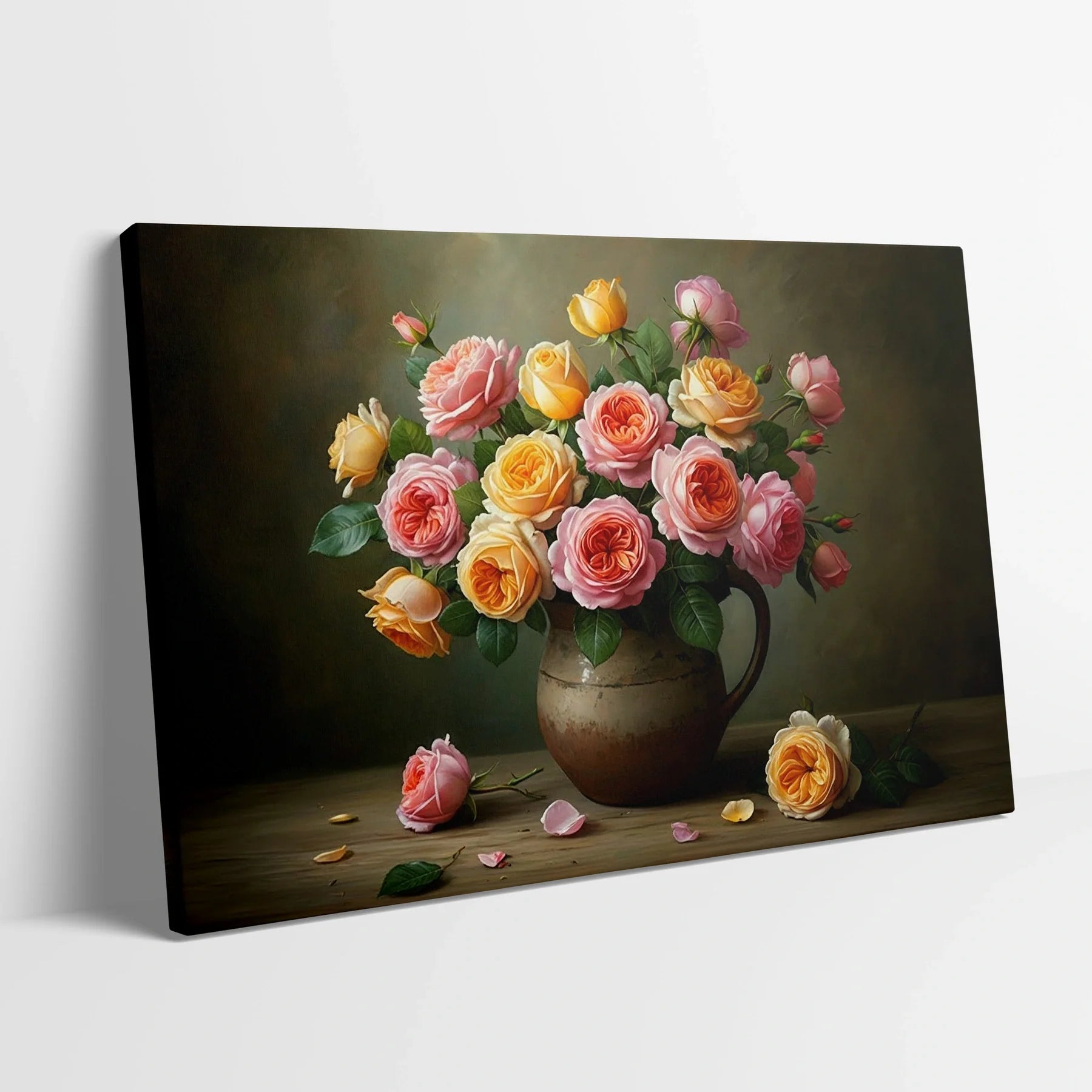 Tablou Flori - Trandafiri Colorați în Vase - vedere din lateral sprijinit perete