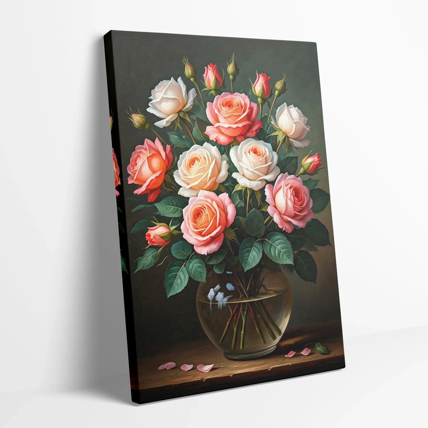 Tablou Flori - Trandafiri Colorați Într-O Vază Elegantă - vedere din lateral sprijinit perete