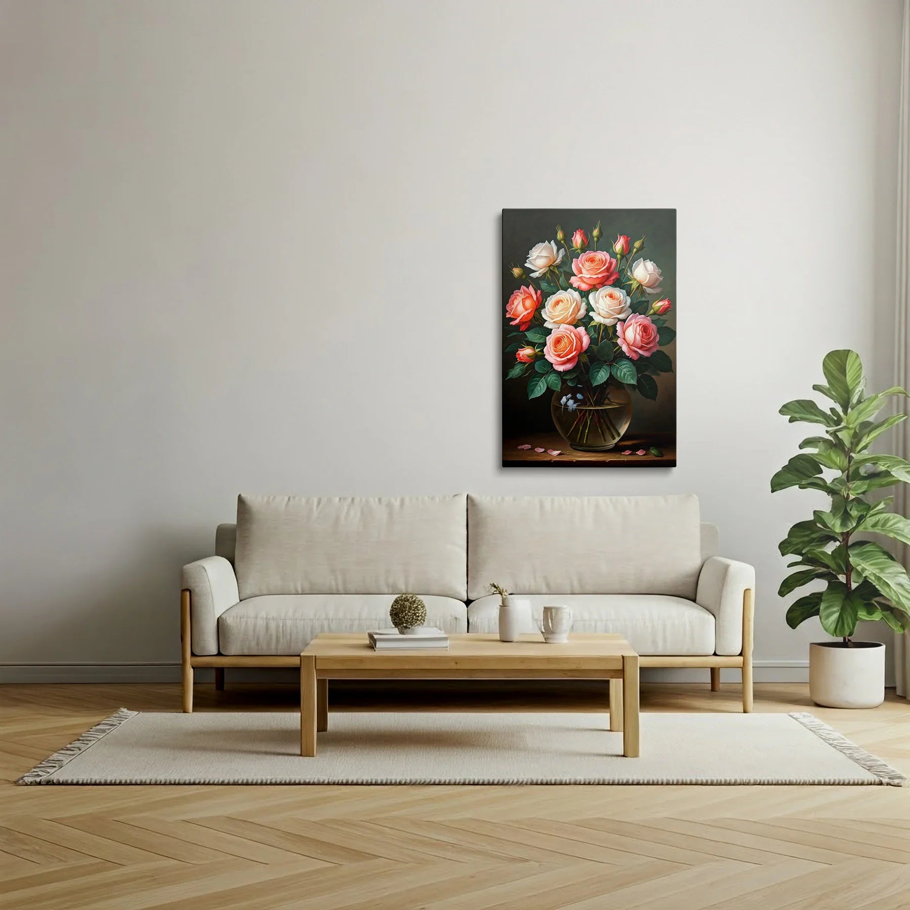 Tablou Flori - Trandafiri Colorați Într-O Vază Elegantă - vedere living