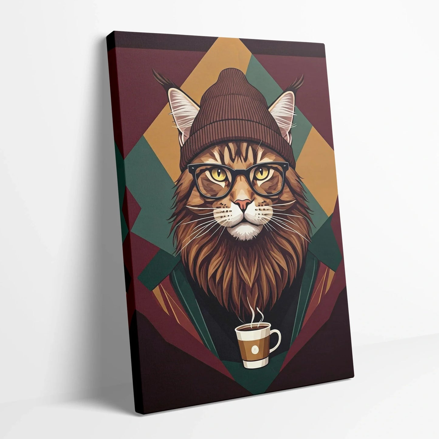 Tablou Modern - Portret Geometric de Pisică cu Stil - vedere din lateral sprijinit perete
