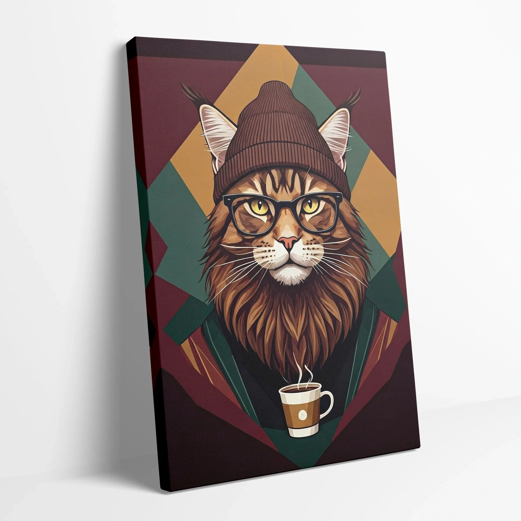 Tablou Modern - Portret Geometric de Pisică cu Stil - vedere din lateral sprijinit perete