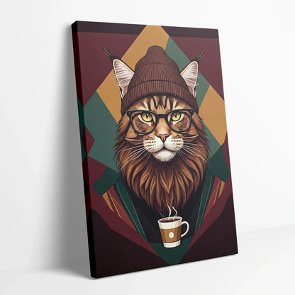 Tablou Modern - Portret Geometric de Pisică cu Stil - vedere din lateral sprijinit perete