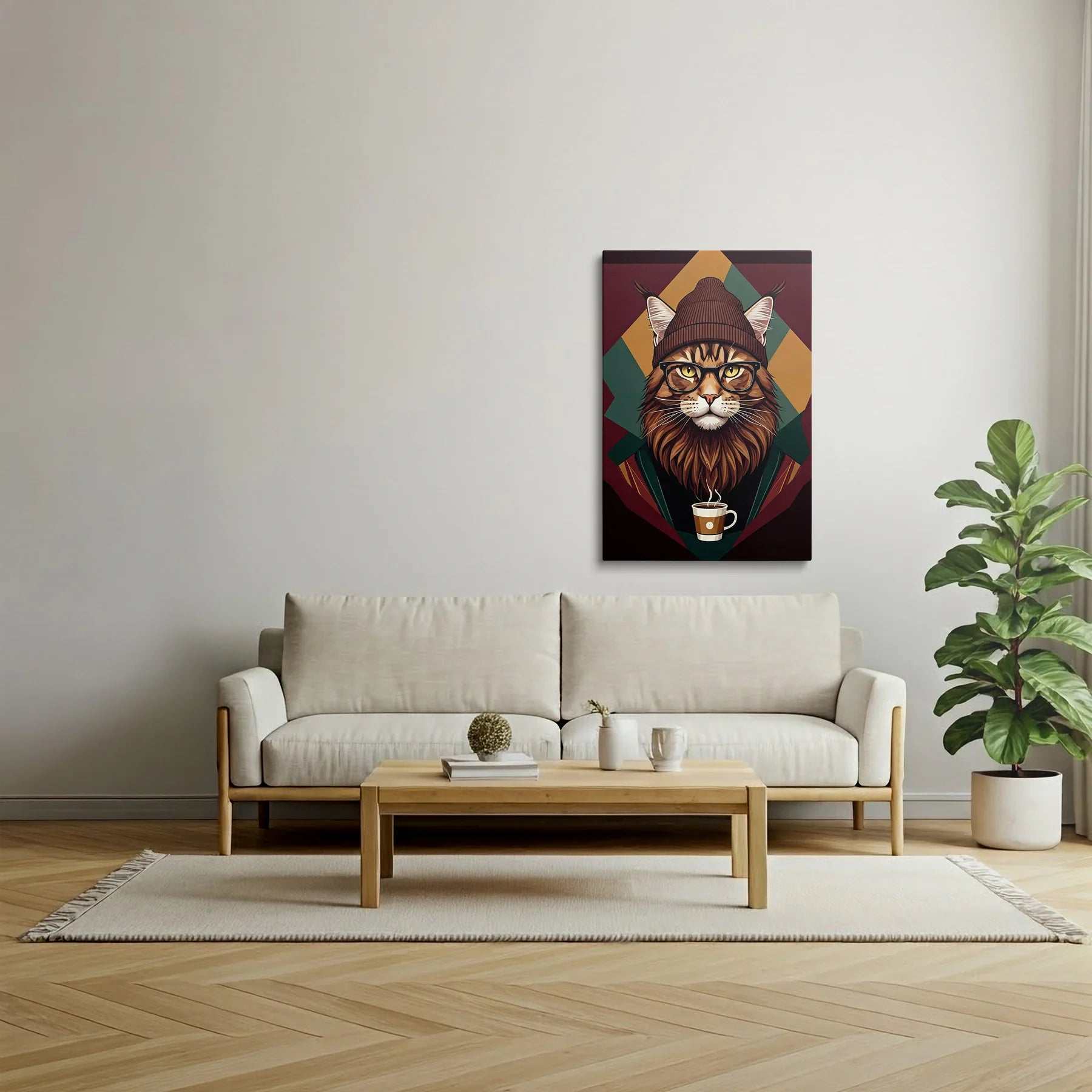 Tablou Modern - Portret Geometric de Pisică cu Stil - vedere living