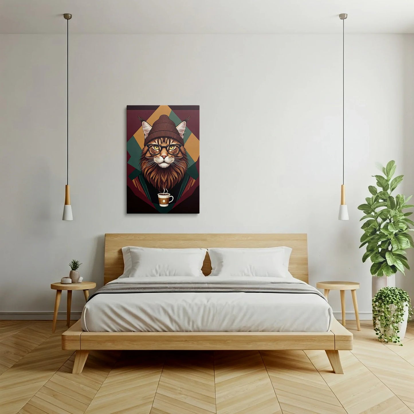 Tablou Modern - Portret Geometric de Pisică cu Stil - vedere dormitor
