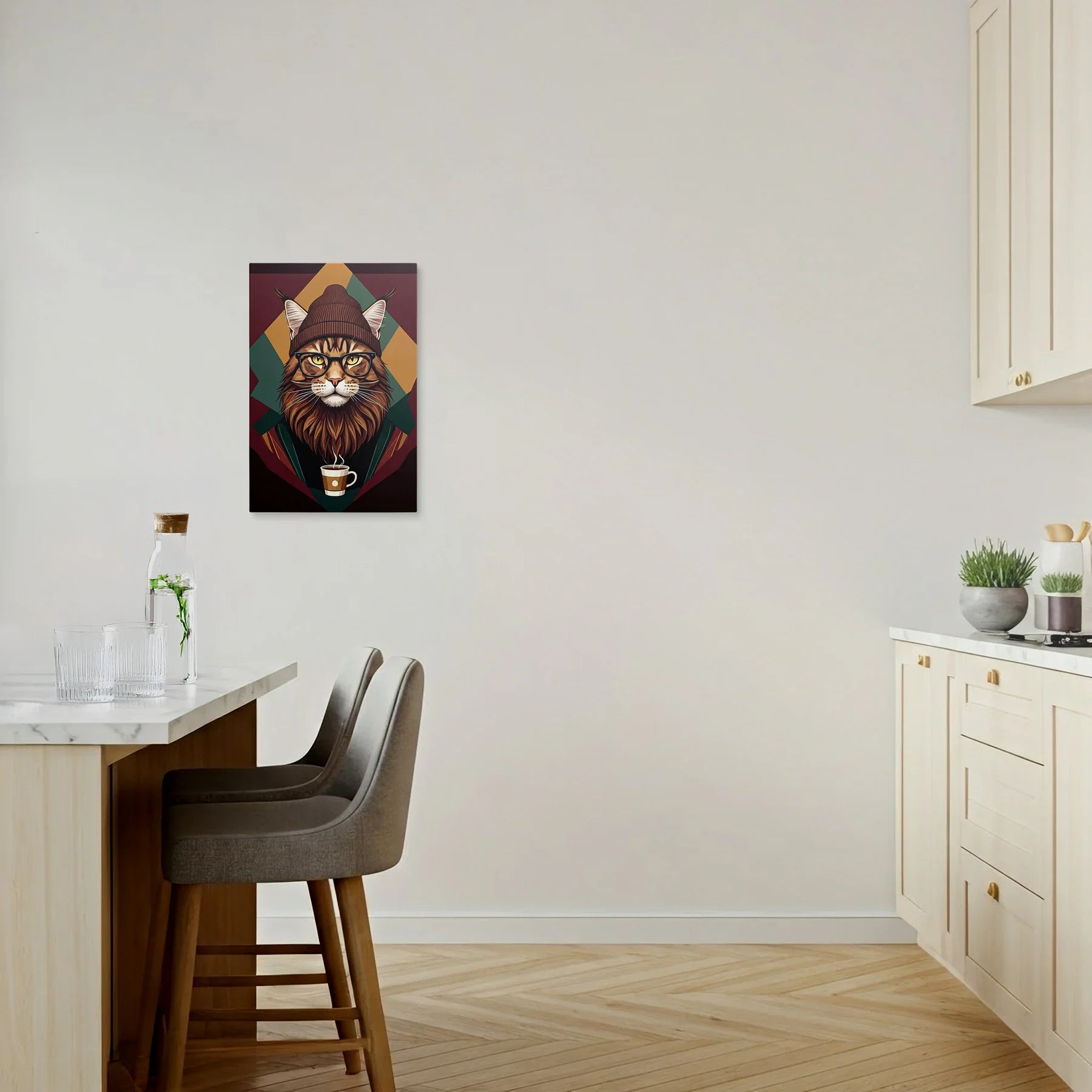 Tablou Modern - Portret Geometric de Pisică cu Stil - vedere bucatarie