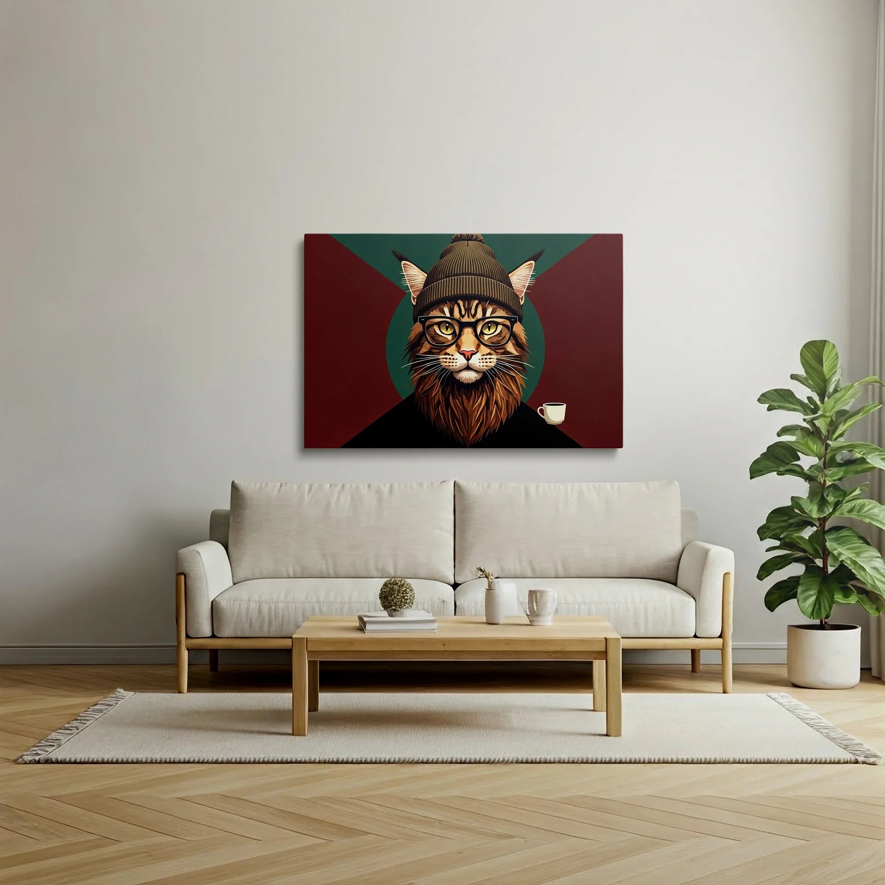 Tablou Modern - Portret Geometric Al Unei Pisici Stilizate - vedere living