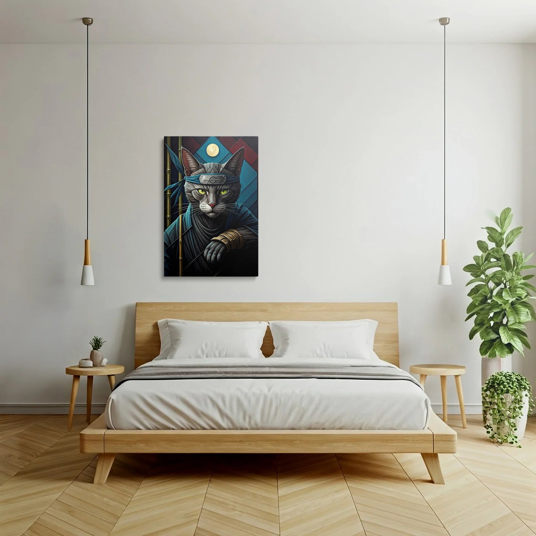 Tablou Modern - Portret Geometric Al Unei Pisici Ninja - vedere dormitor