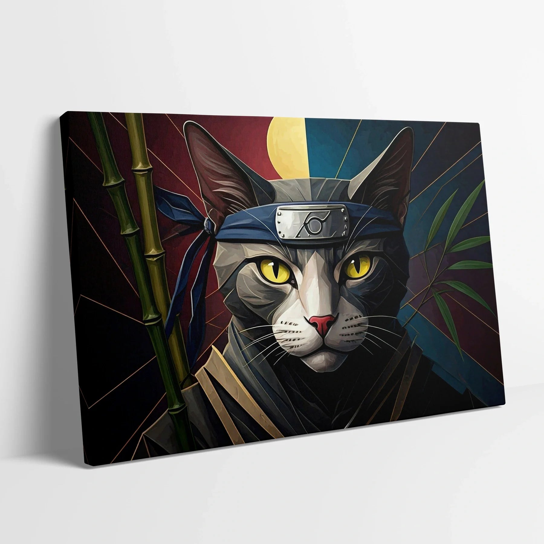 Tablou Modern - Portret Geometric Al Unei Pisici Ninja 2 - vedere din lateral sprijinit perete