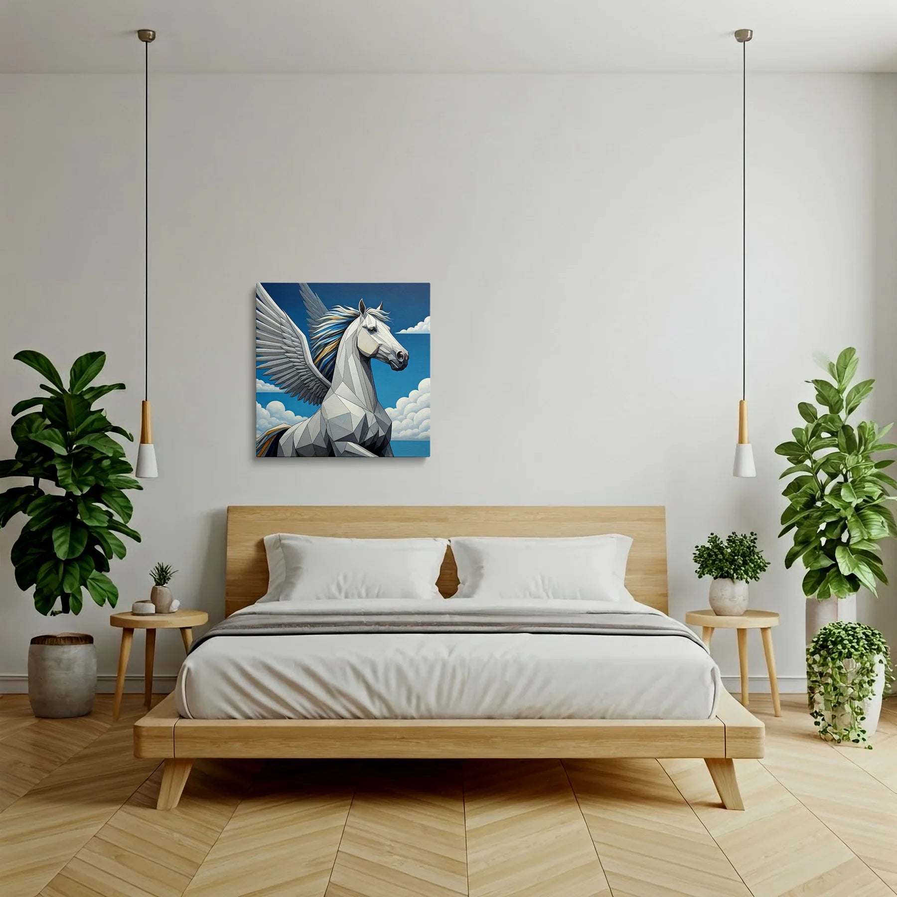 Tablou Modern - Portret Geometric Al Unui Cal cu Aripi - vedere dormitor