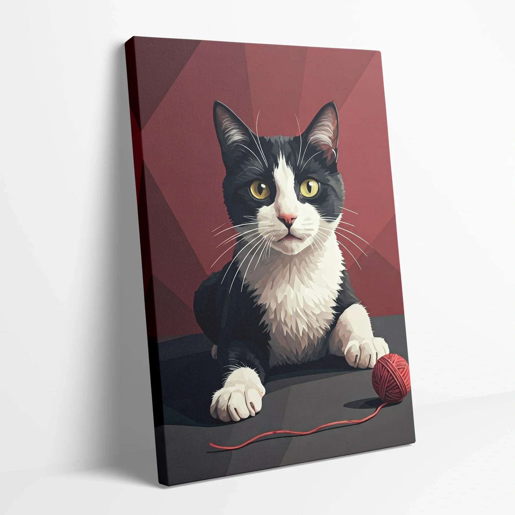 Tablou Modern - Portret Geometric de Pisică Plin de Culoare - vedere din lateral sprijinit perete
