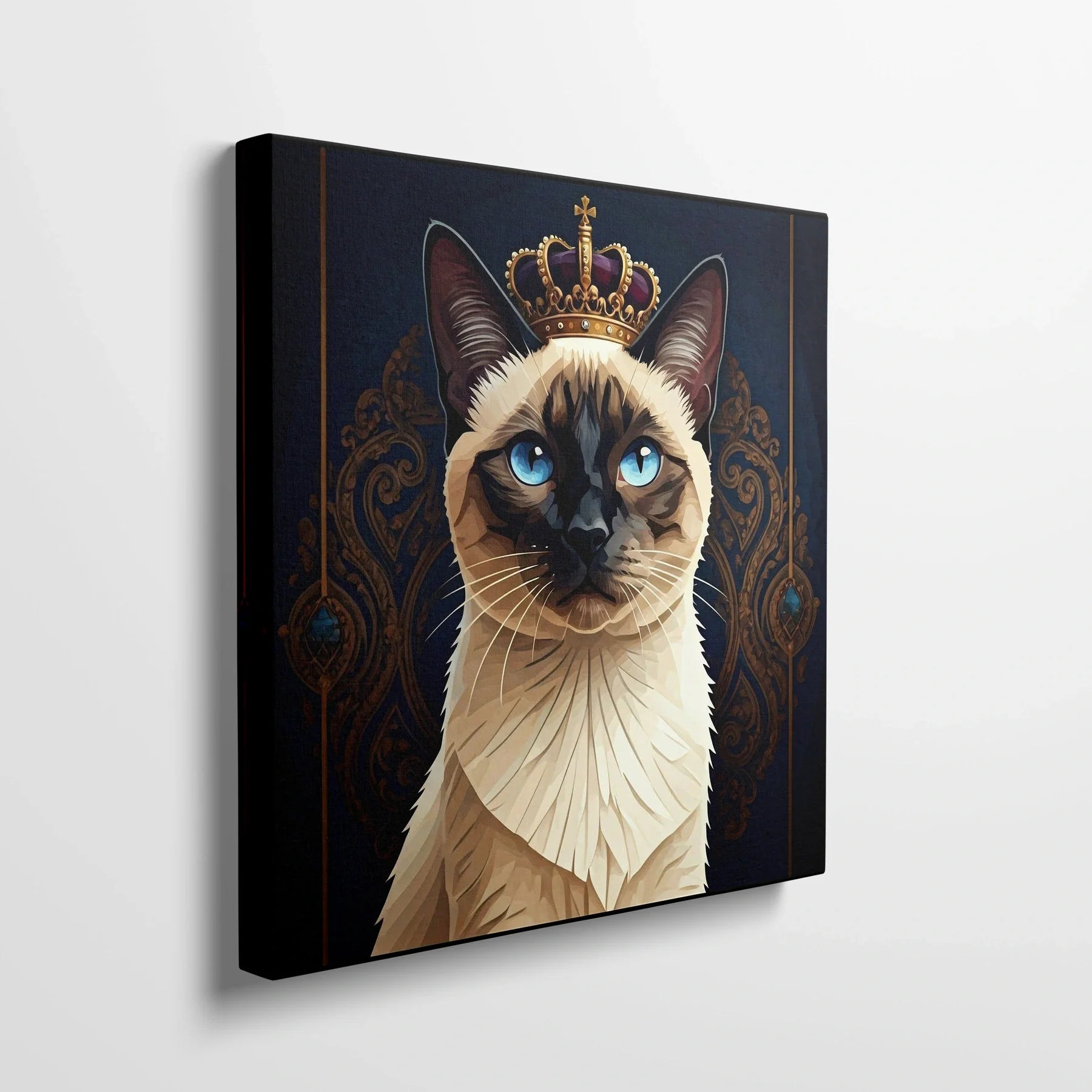 Tablou Modern - Portret Geometric de Pisică cu Coroană - vedere din lateral sprijinit perete