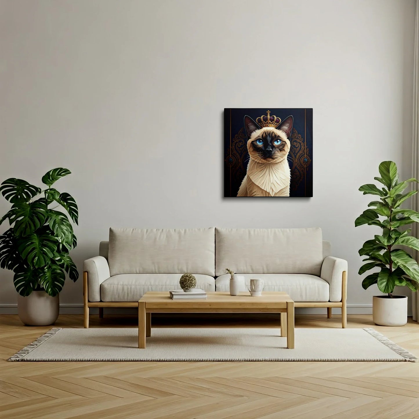 Tablou Modern - Portret Geometric de Pisică cu Coroană - vedere living