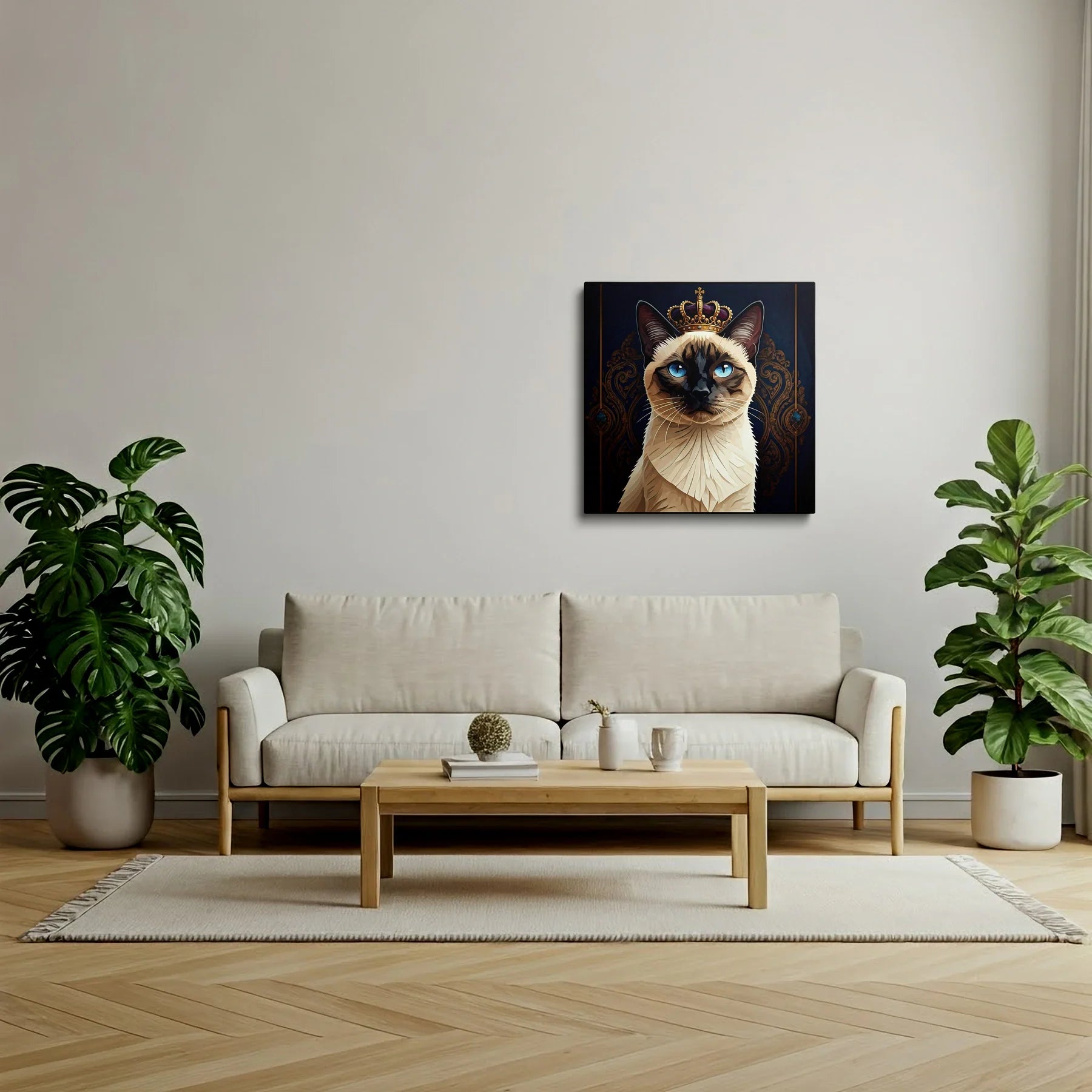 Tablou Modern - Portret Geometric de Pisică cu Coroană - vedere living