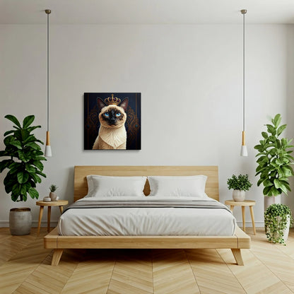 Tablou Modern - Portret Geometric de Pisică cu Coroană - vedere dormitor