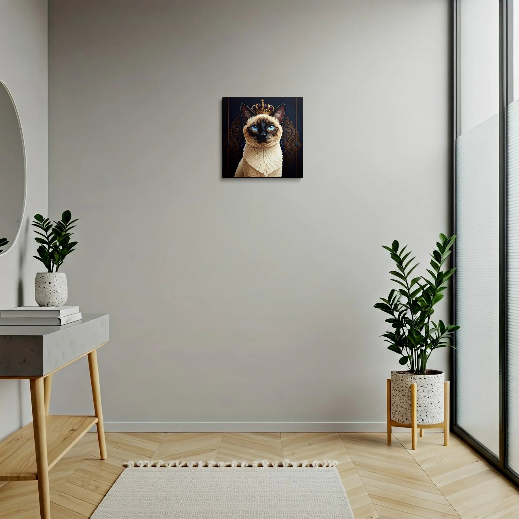 Tablou Modern - Portret Geometric de Pisică cu Coroană - vedere hol