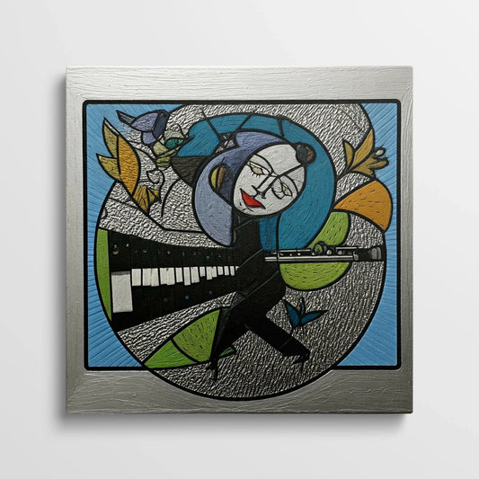 Tablou Modern - Portret Cubist cu Flaut și Motive Naturale - vedere din fata