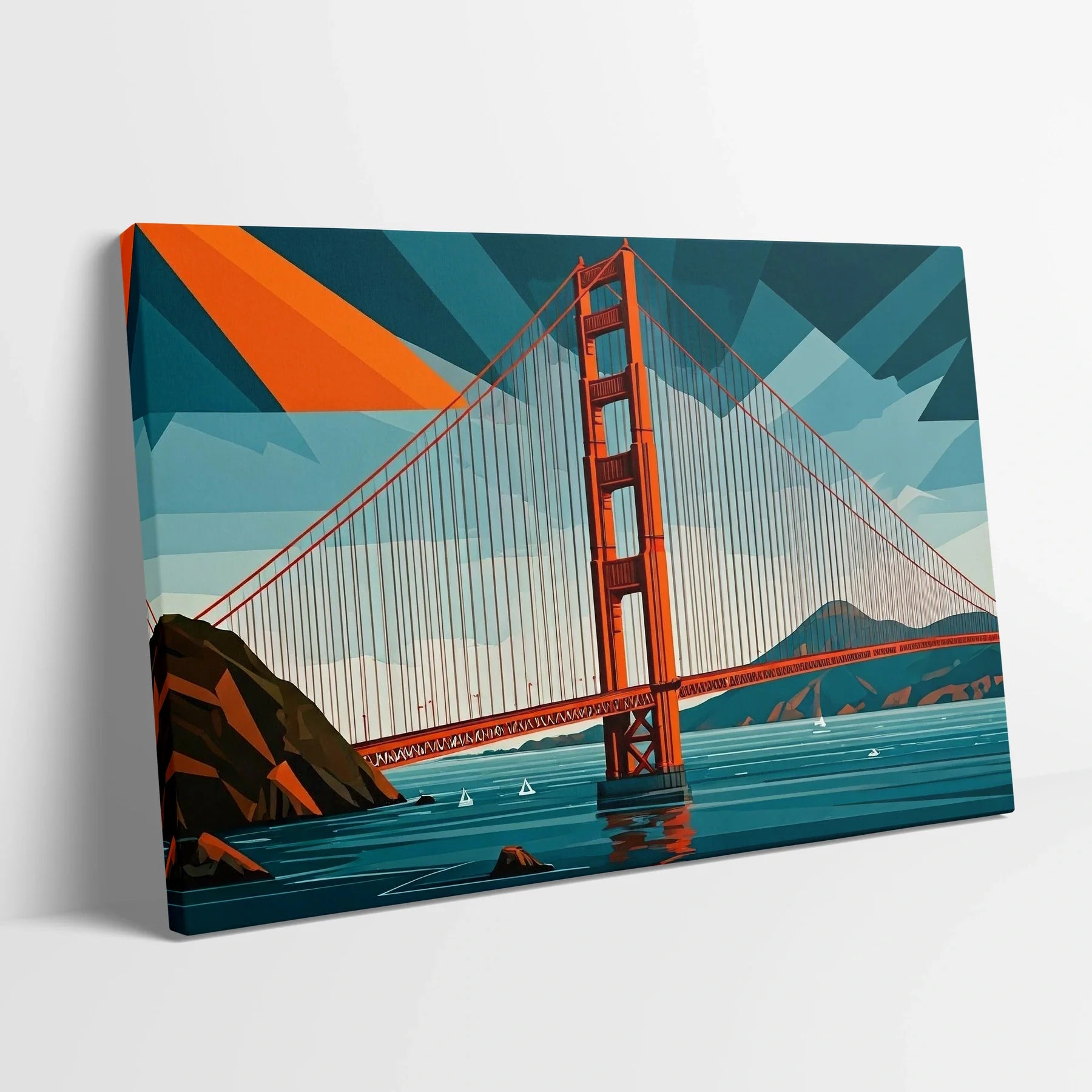Tablou Modern - Podul Golden Gate în Stil Cubist - vedere din lateral sprijinit perete