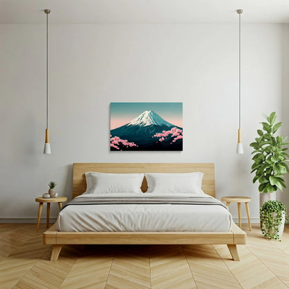 Tablou Modern - Muntele Fuji în Nuanțe Geometrice - vedere dormitor