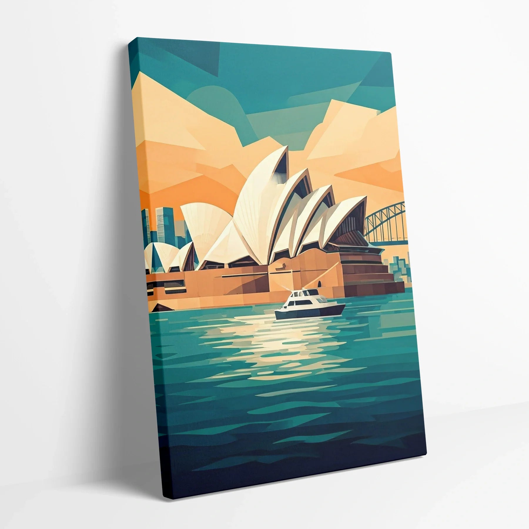 Tablou Modern - Opera Din Sydney în Stil Geometric - vedere din lateral sprijinit perete