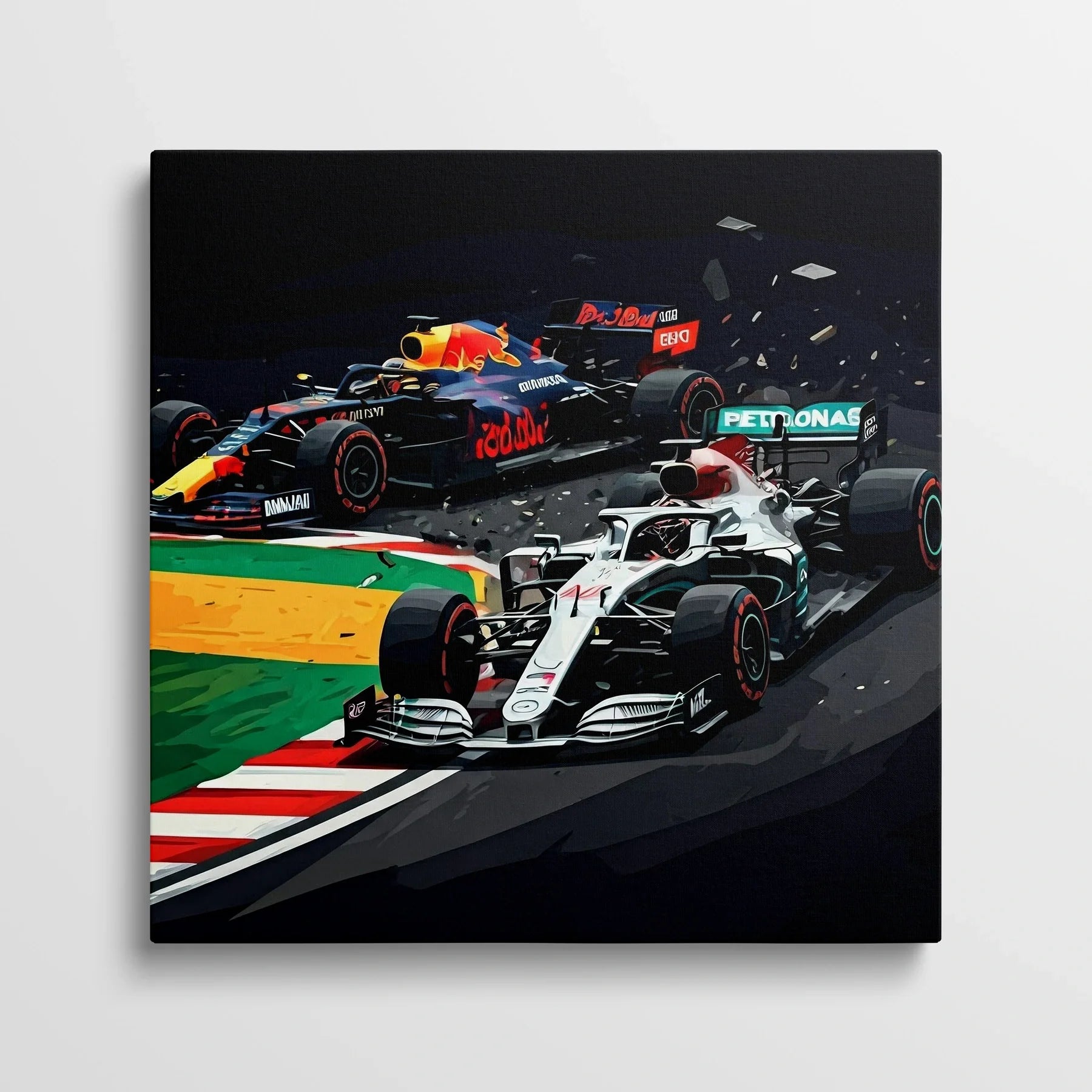 Tablou Modern - Coliziune Iconică în Formula 1 - vedere din fata