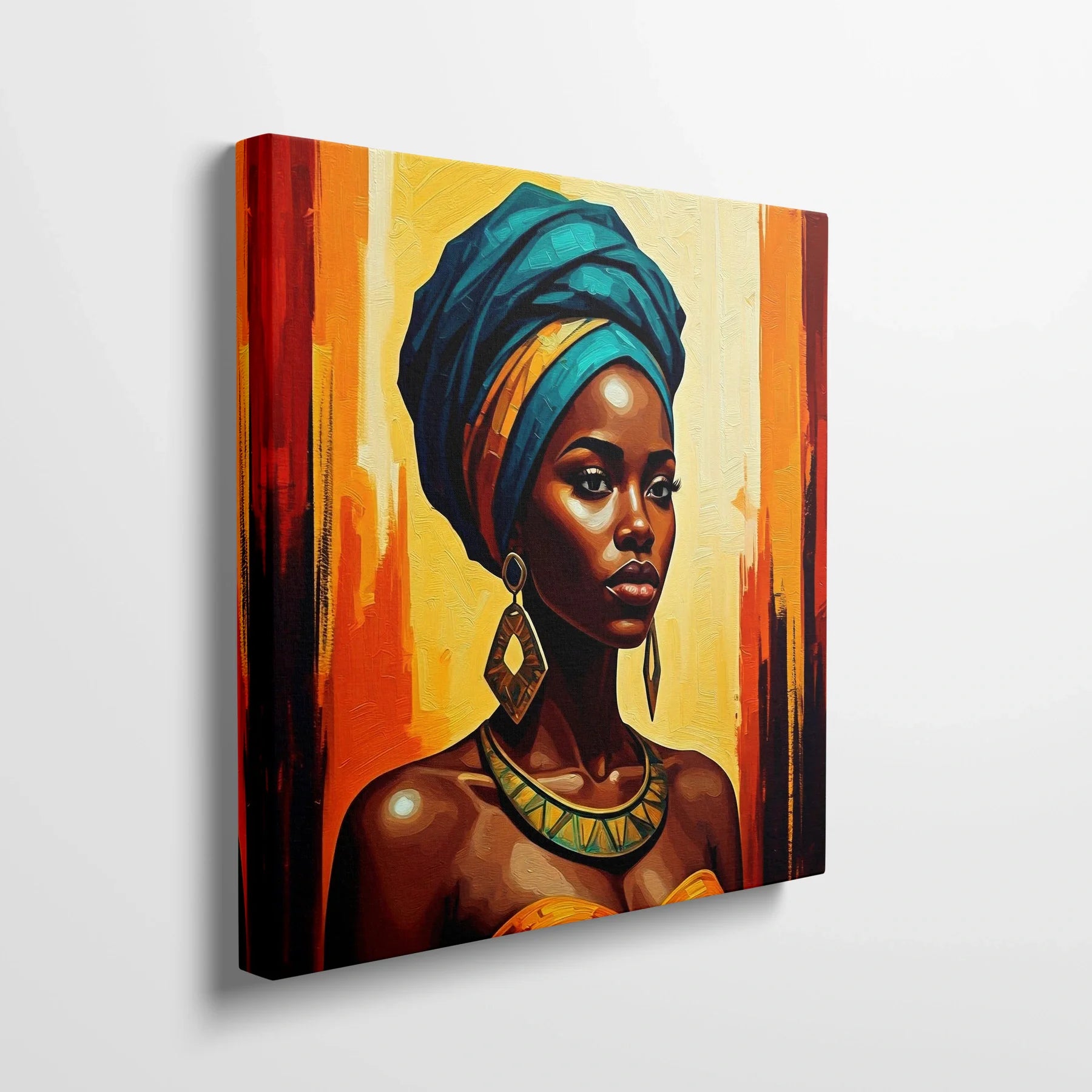 Tablou Modern - Femeie Africană cu Accente Colorate - vedere din lateral sprijinit perete