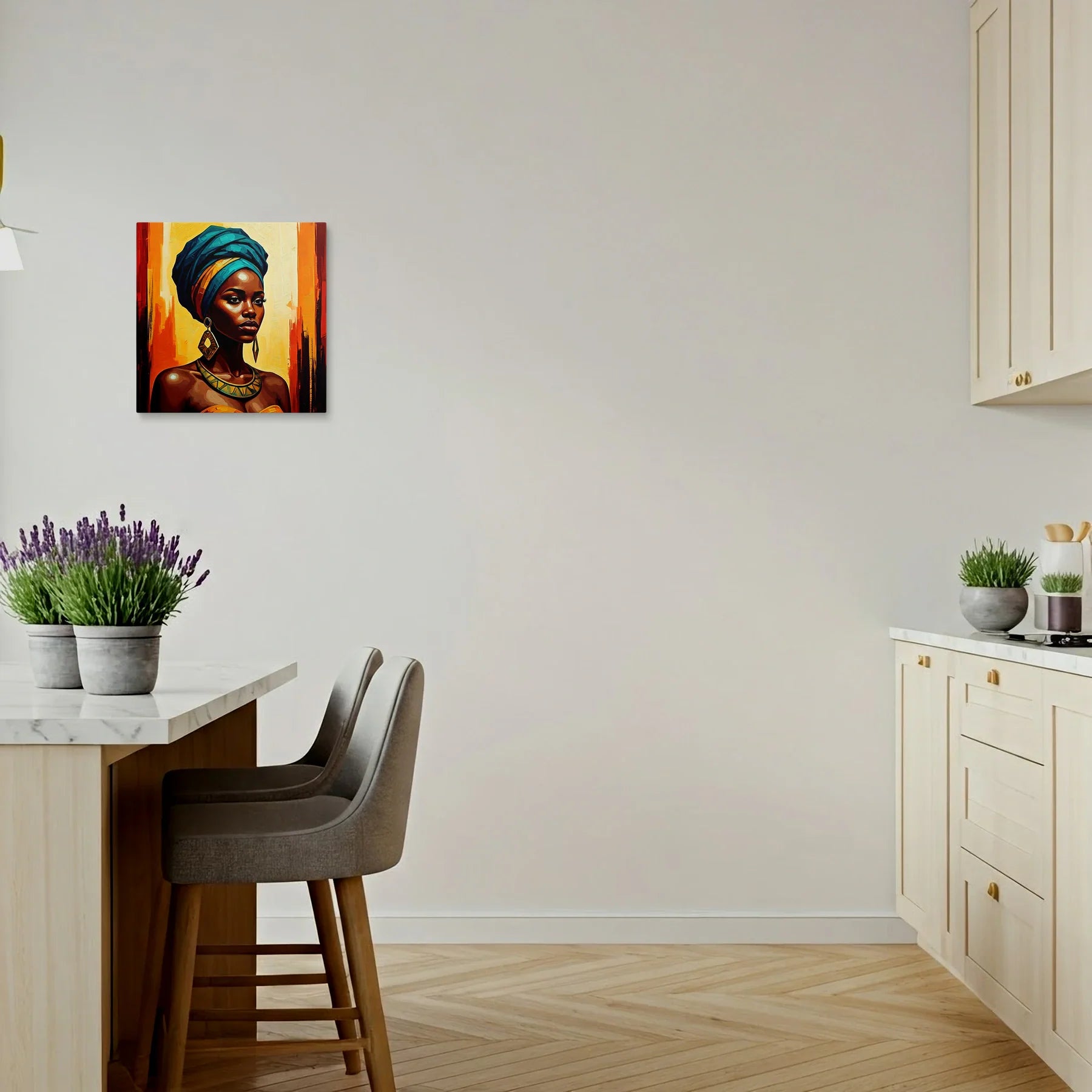 Tablou Modern - Femeie Africană cu Accente Colorate - vedere bucatarie