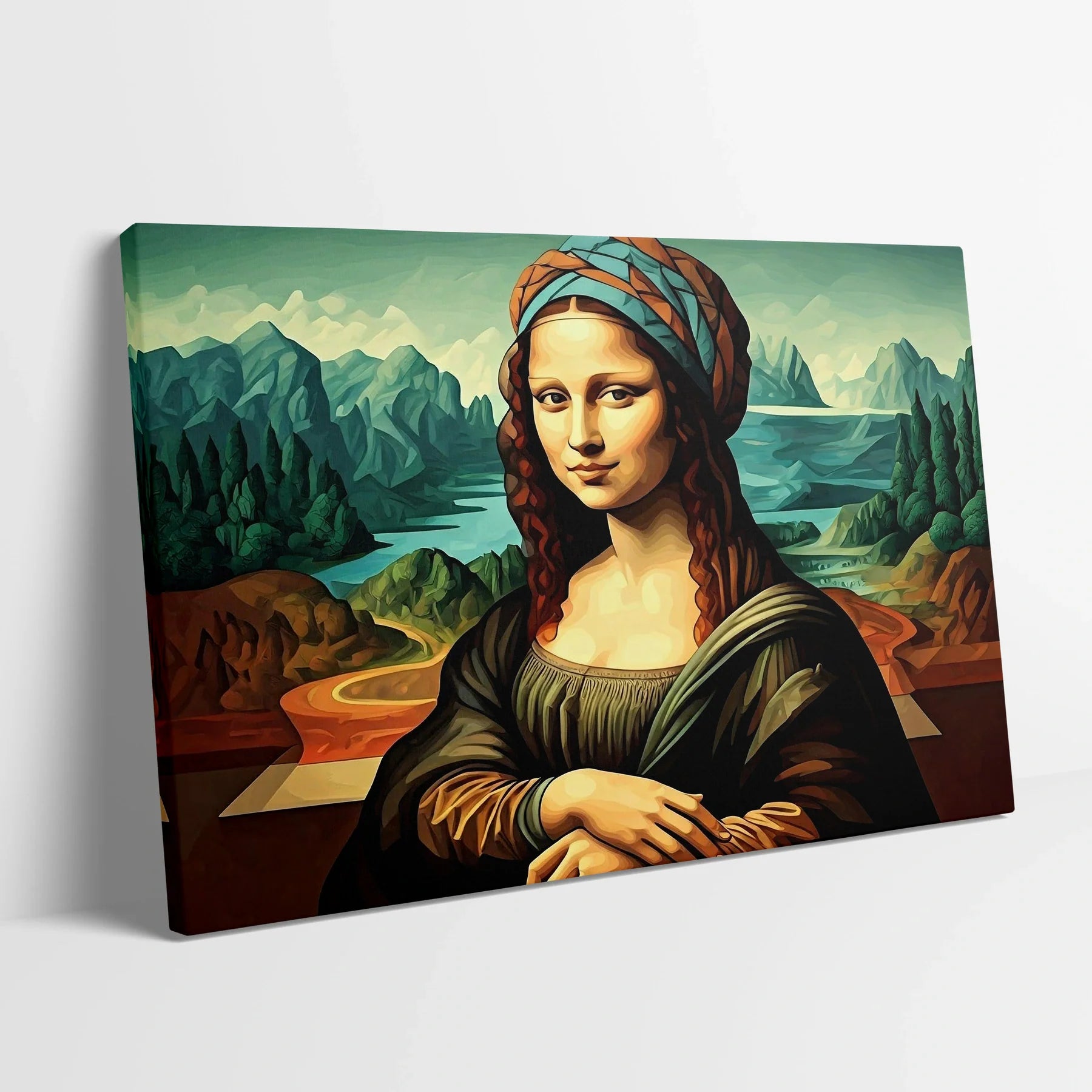Tablou Modern - Portret Geometric Inspirat de Mona Lisa - vedere din lateral sprijinit perete