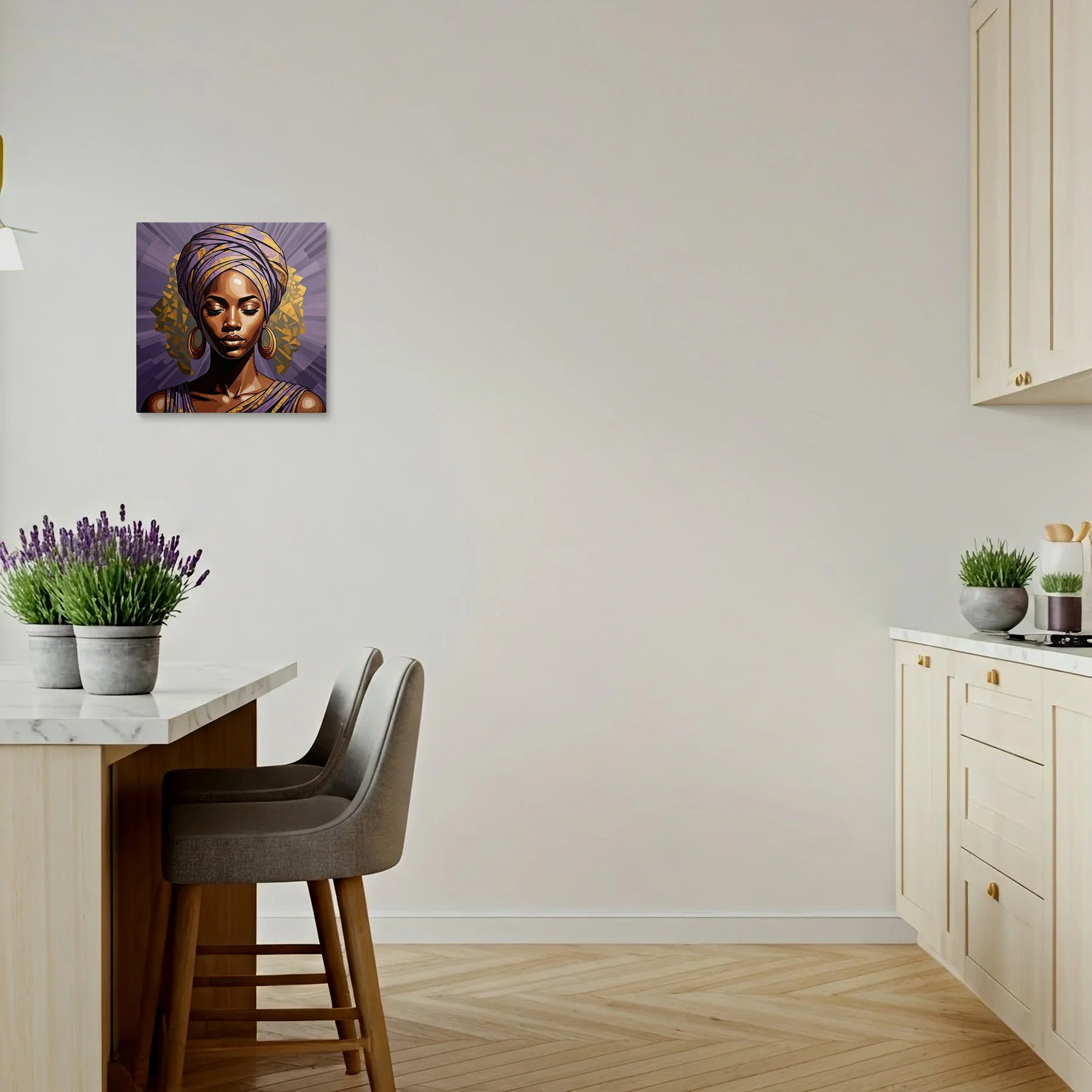 Tablou Modern - Portret Geometric Feminin în Nuanțe de Lavandă - vedere bucatarie