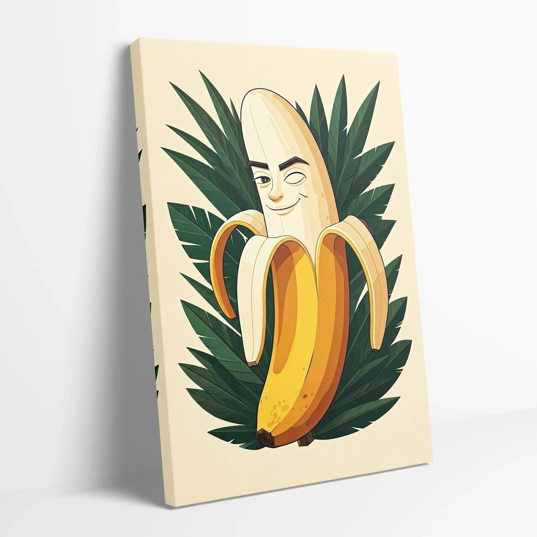 Tablou Modern - Portret Geometric Al Unei Banane Vesele - vedere din lateral sprijinit perete