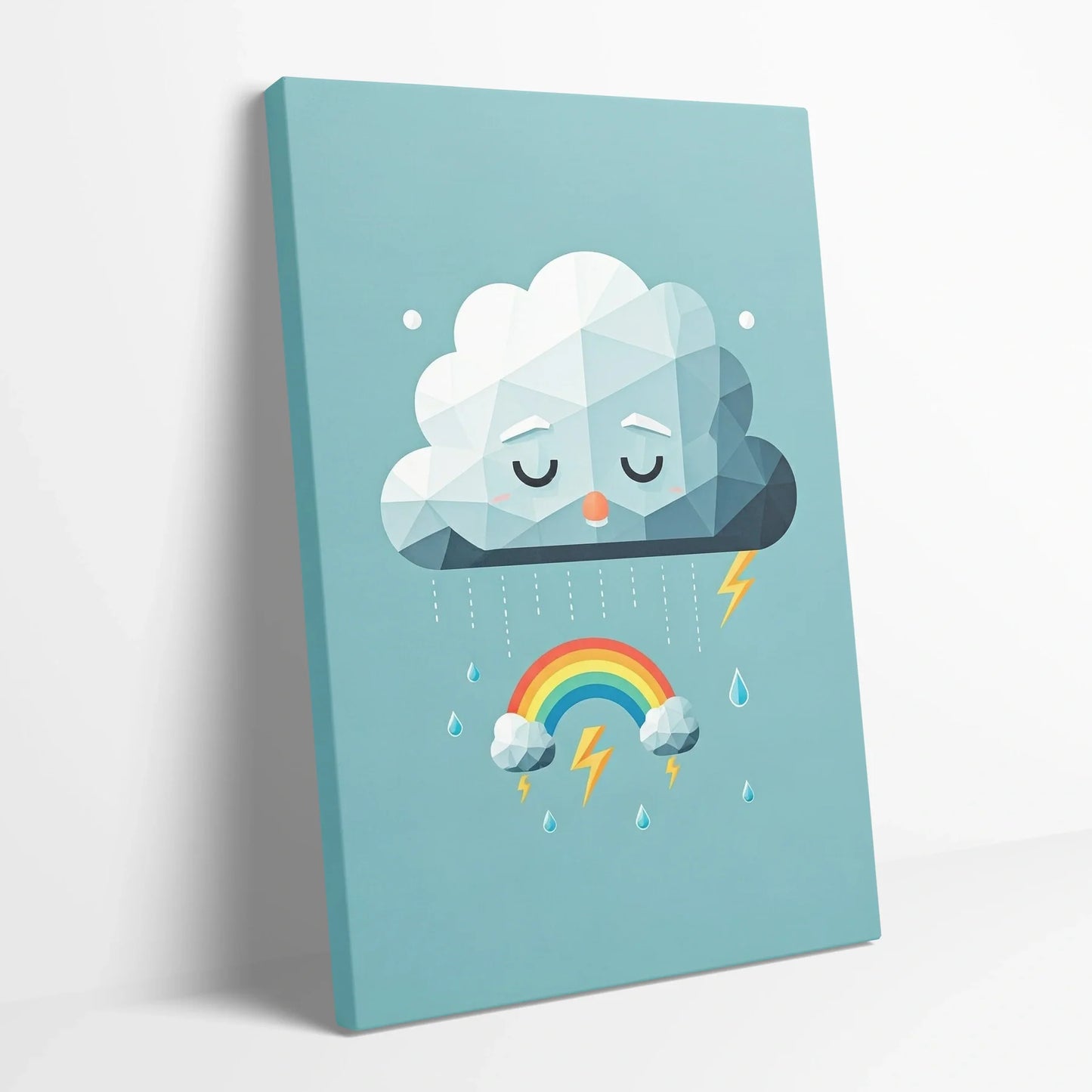 Tablou Modern - Portret Geometric cu Nor și Curcubeu - vedere din lateral sprijinit perete