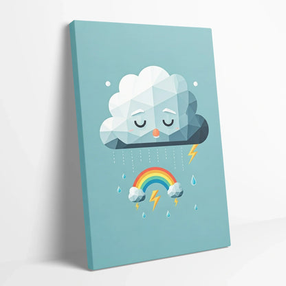 Tablou Modern - Portret Geometric cu Nor și Curcubeu - vedere din lateral sprijinit perete